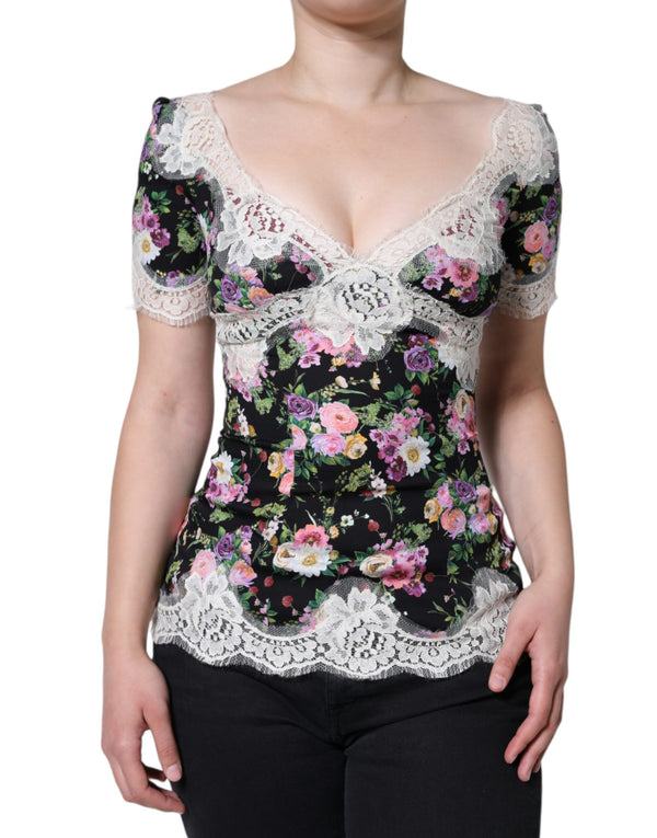 Black Floral Lace Short Sleeves Blouse Top Silk Cotton Nylon Elastane