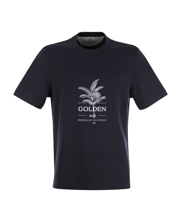 Brunello Cucinelli Mens Navy Graphic Cotton T-Shirt Off White
