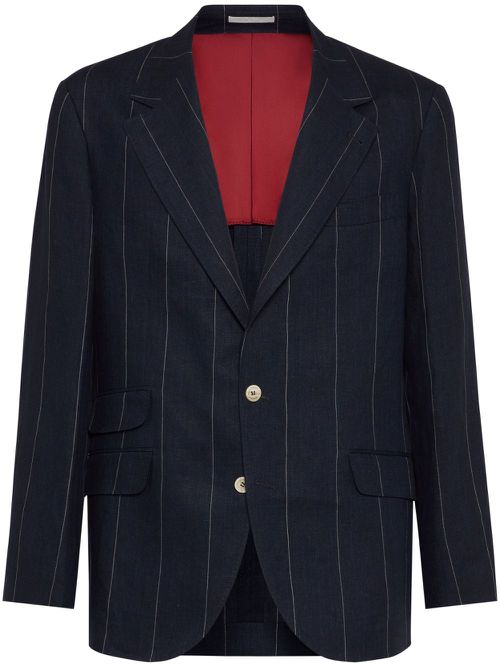 Brunello Cucinelli Mens Navy Linen Pinstripe Blazer