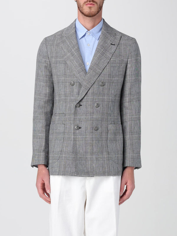 Brunello Cucinelli Mens Gray Plaid Double Breasted Blazer Black