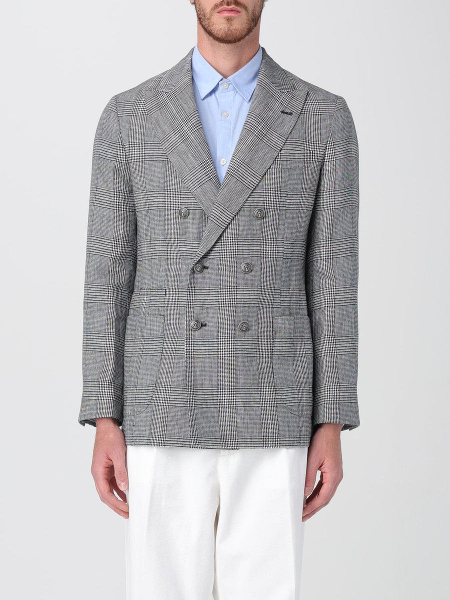 Brunello Cucinelli Mens Gray Plaid Double Breasted Blazer Black