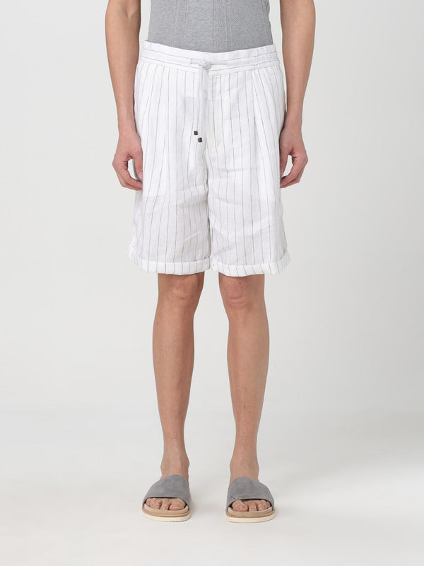Brunello Cucinelli Mens White Linen Striped Shorts