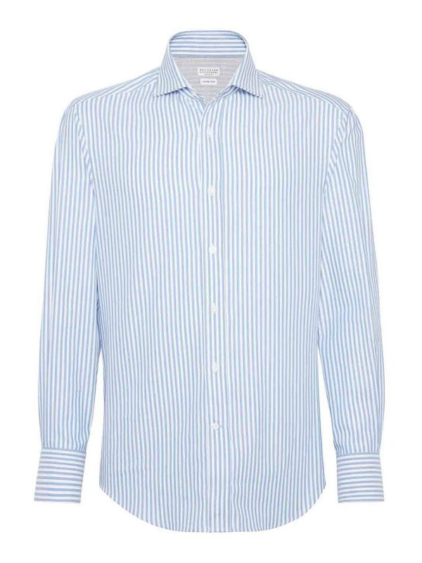 Brunello Cucinelli Mens White And Light Blue Striped Shirt