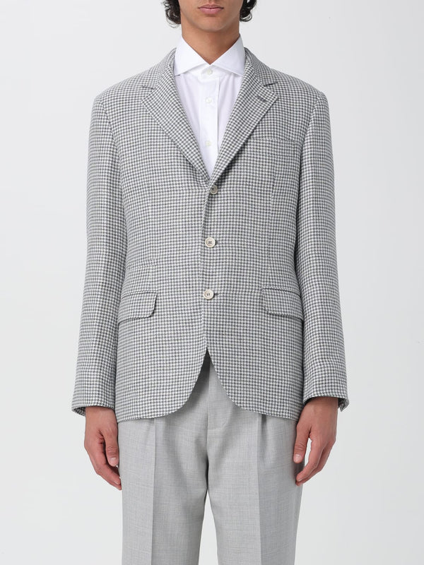 Brunello Cucinelli Mens Grey Wool Blend Houndstooth Blazer Gray