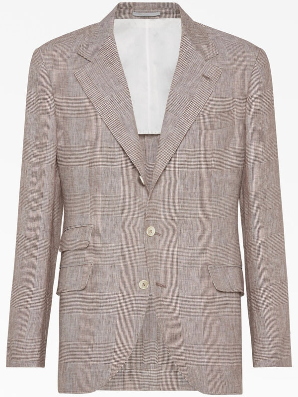 Brunello Cucinelli Mens Light Brown Linen Check Blazer Orange
