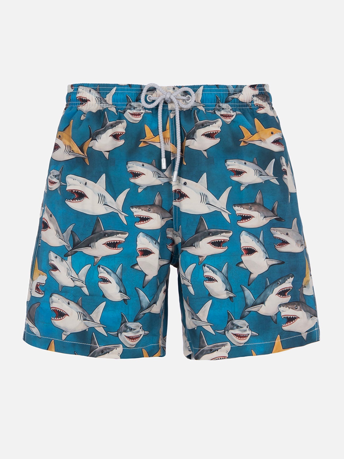 Man Mid-Length Gustavia Swim-Shorts With Shark Print | Ai Co-Created Design By Rickdick - Powered Red-Eye Green Swimshort