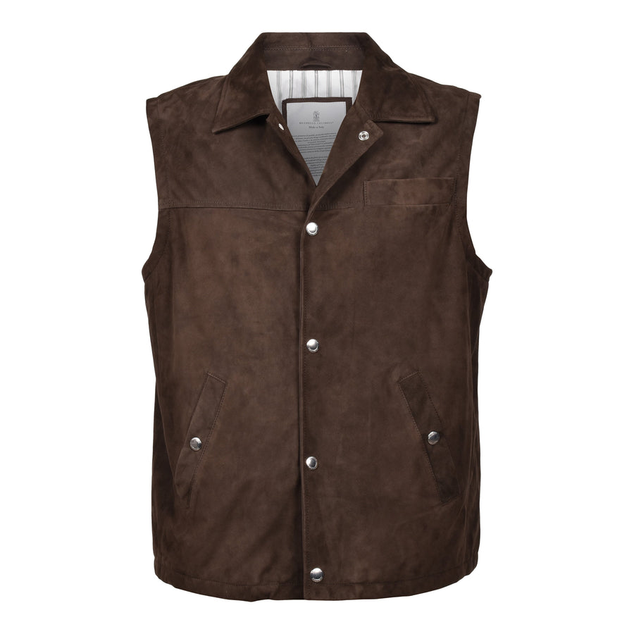 Brunello Cucinelli Mens Brown Suede Sleeveless Jacket