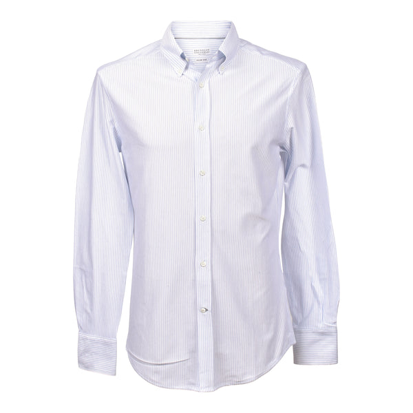 Brunello Cucinelli Mens White Light Blue Striped Shirt