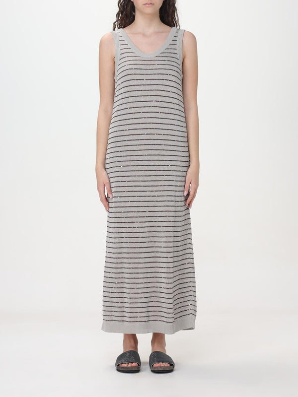Brunello Cucinelli Womens Light Grey Striped Sleeveless Dress Gray
