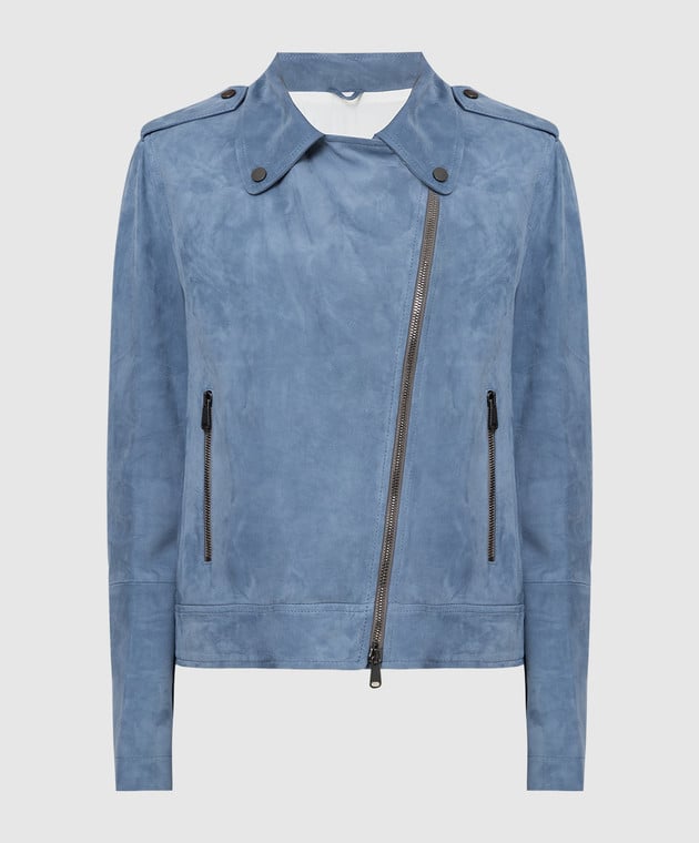 Brunello Cucinelli Womens Blue Leather Biker Jacket Taupe