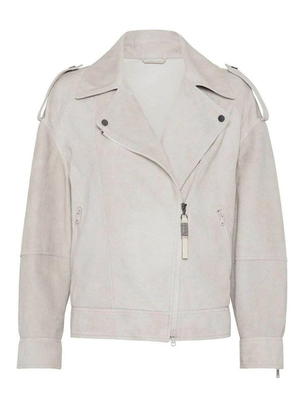 Brunello Cucinelli Womens Light Beige Leather Biker Jacket Gray