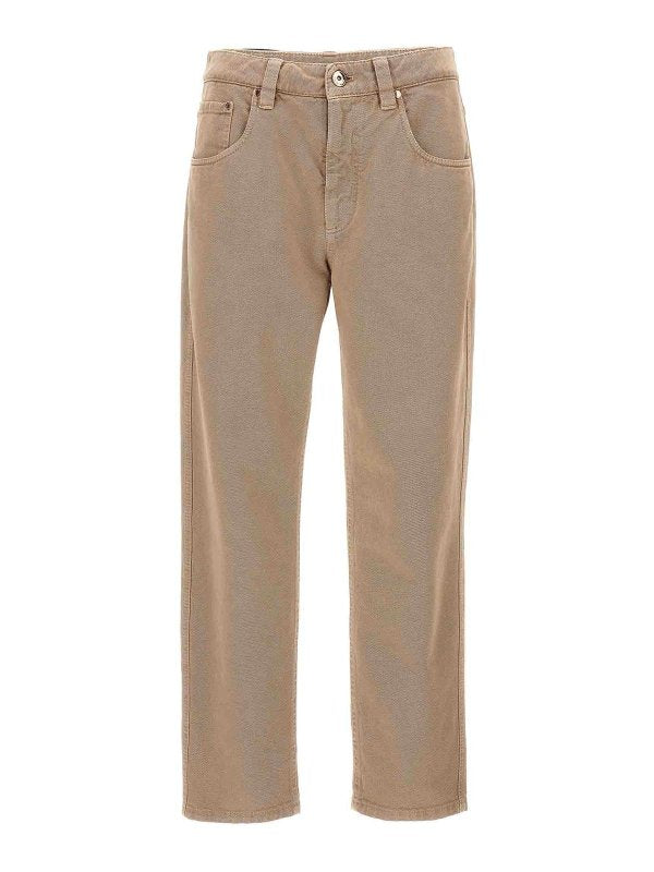 Brunello Cucinelli Womens Coffee Cream Cotton Straight Trousers