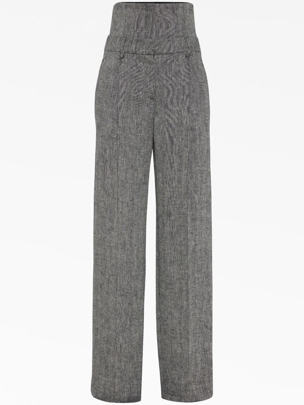 Brunello Cucinelli Womens Black White Linen Wide Leg Trousers