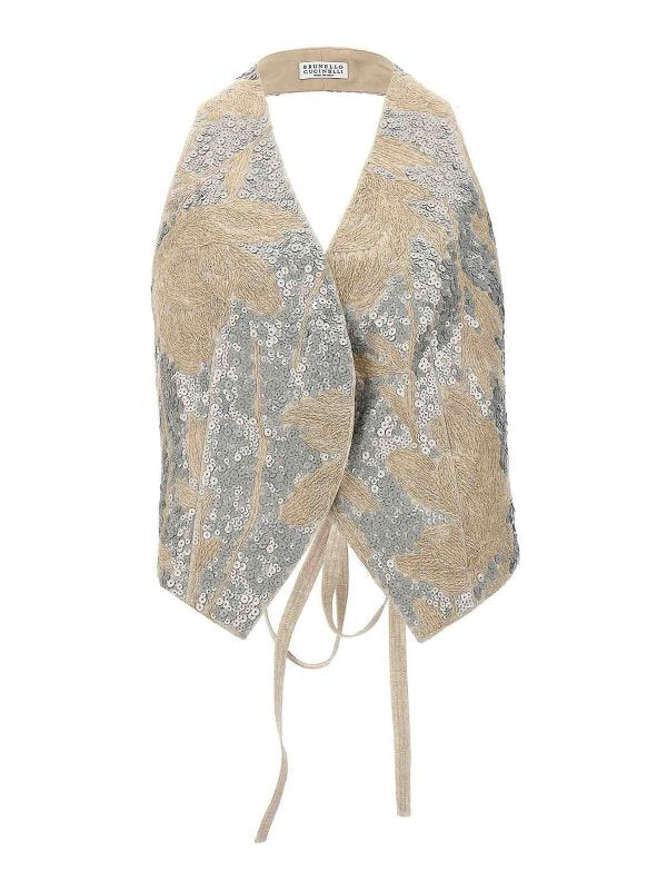 Brunello Cucinelli Womens Beige Embroidered Linen Vest Ecru