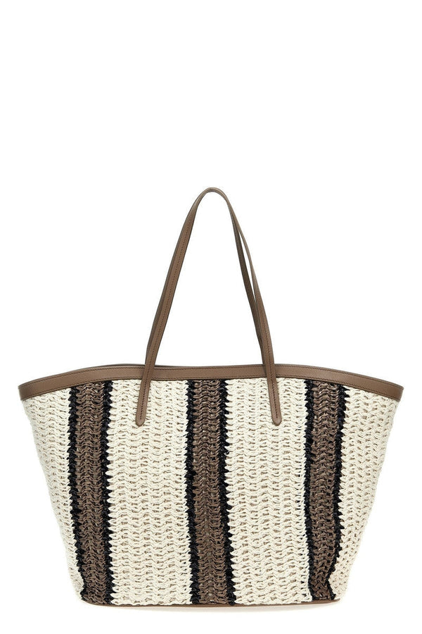Brunello Cucinelli Womens White Beige Striped Woven Tote Bag Black