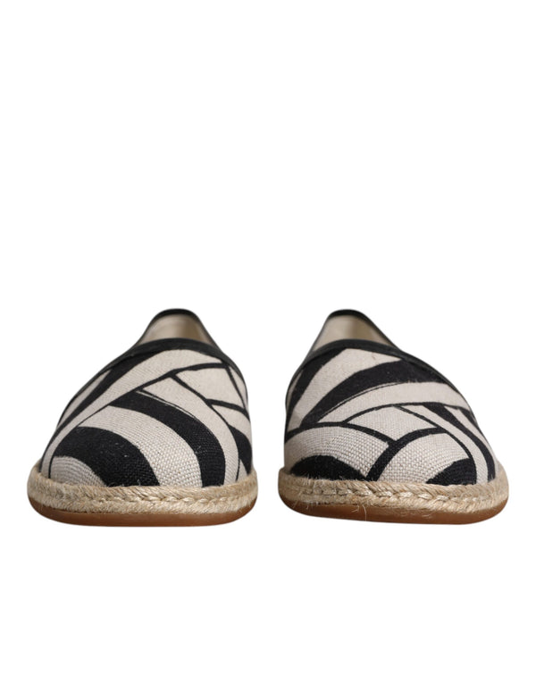 Black White Stripes Slip On Espadrille Shoes And Linen Leather