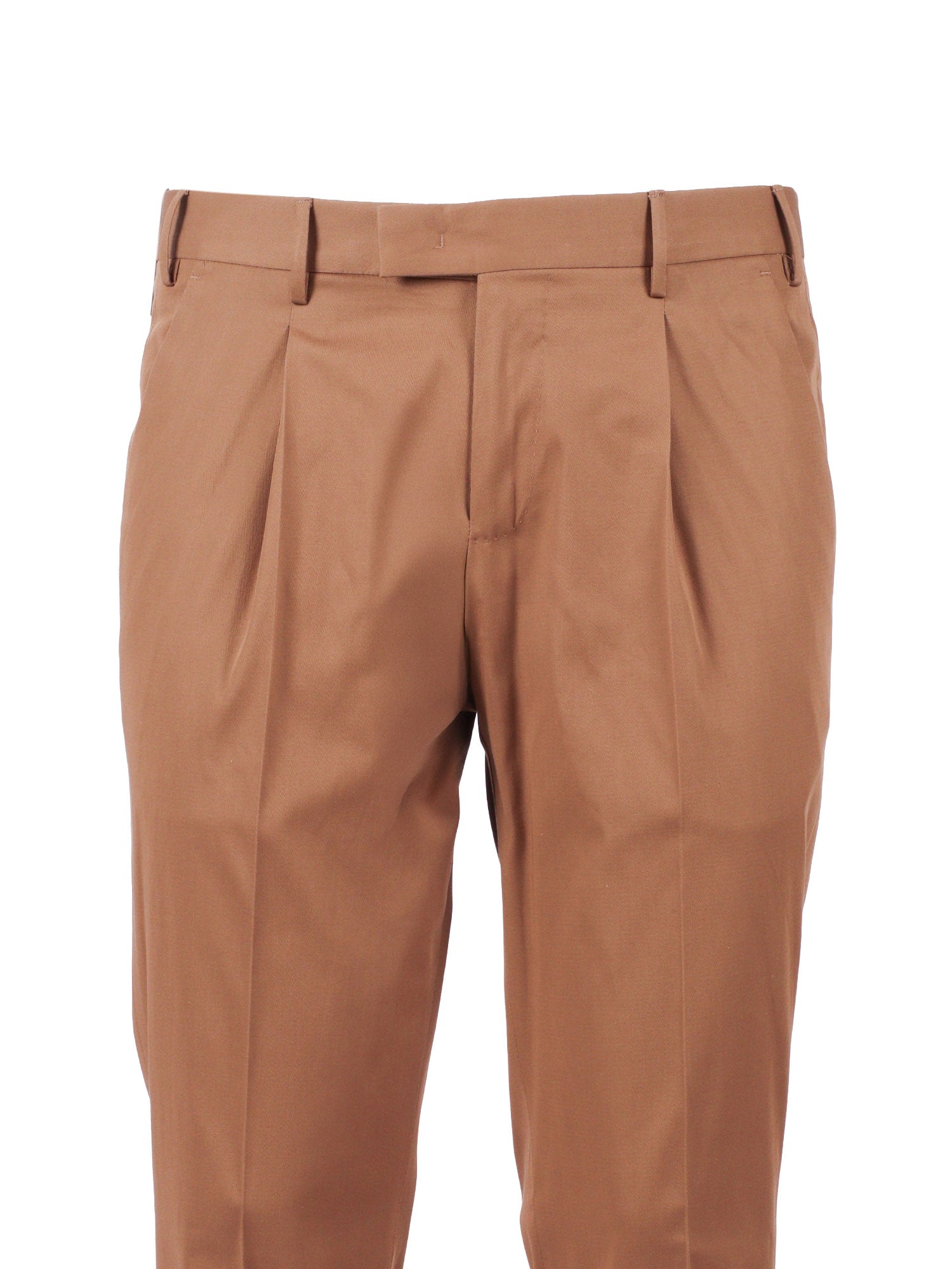 Master, 1 Pleat, Diagonal Pockets, Flap Back Turn-Up Beige Cotton Silk Elastane Pant
