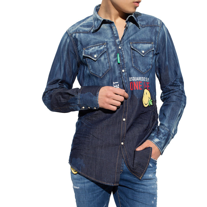 x Smiley Denim Shirt Blue Cotton Elastane