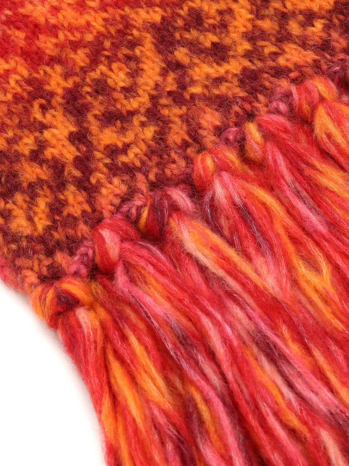 Printed Effect Fringed Scarf Red Wool Acrylic Polyamide Alpaca