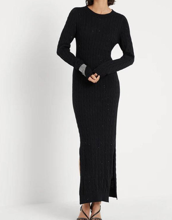 Brunello Cucinelli Womens Black Cotton Cable Knit Maxi Dress