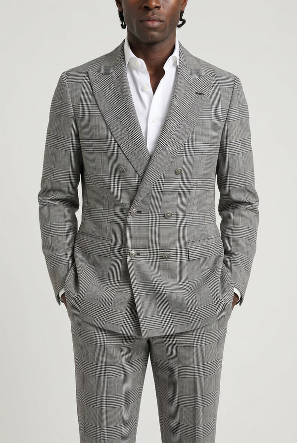 Brunello Cucinelli Mens Gray Linen Plaid Suit Black