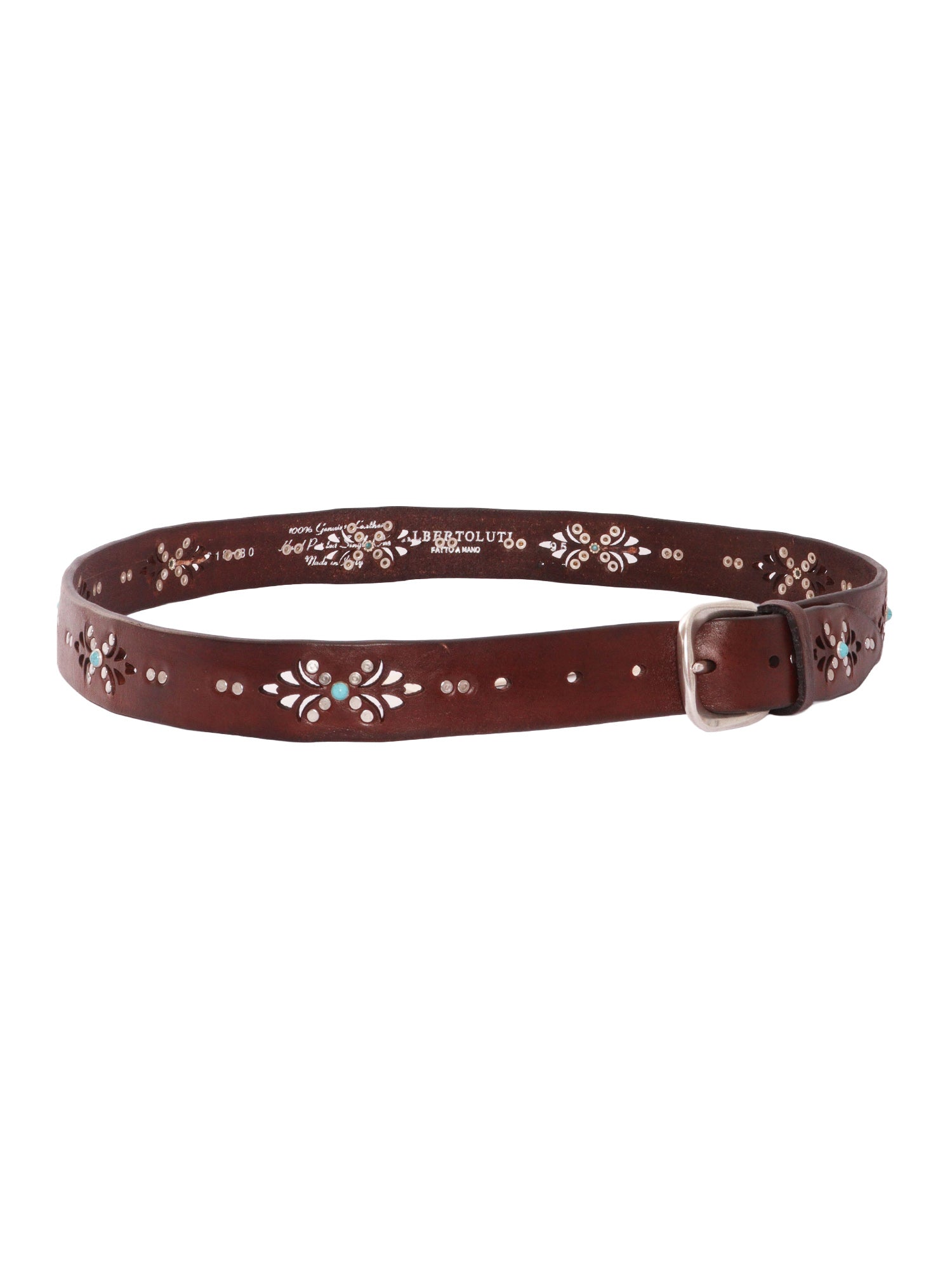 Garment-dyed belt with laser-cut detailing and studs Brown Leather