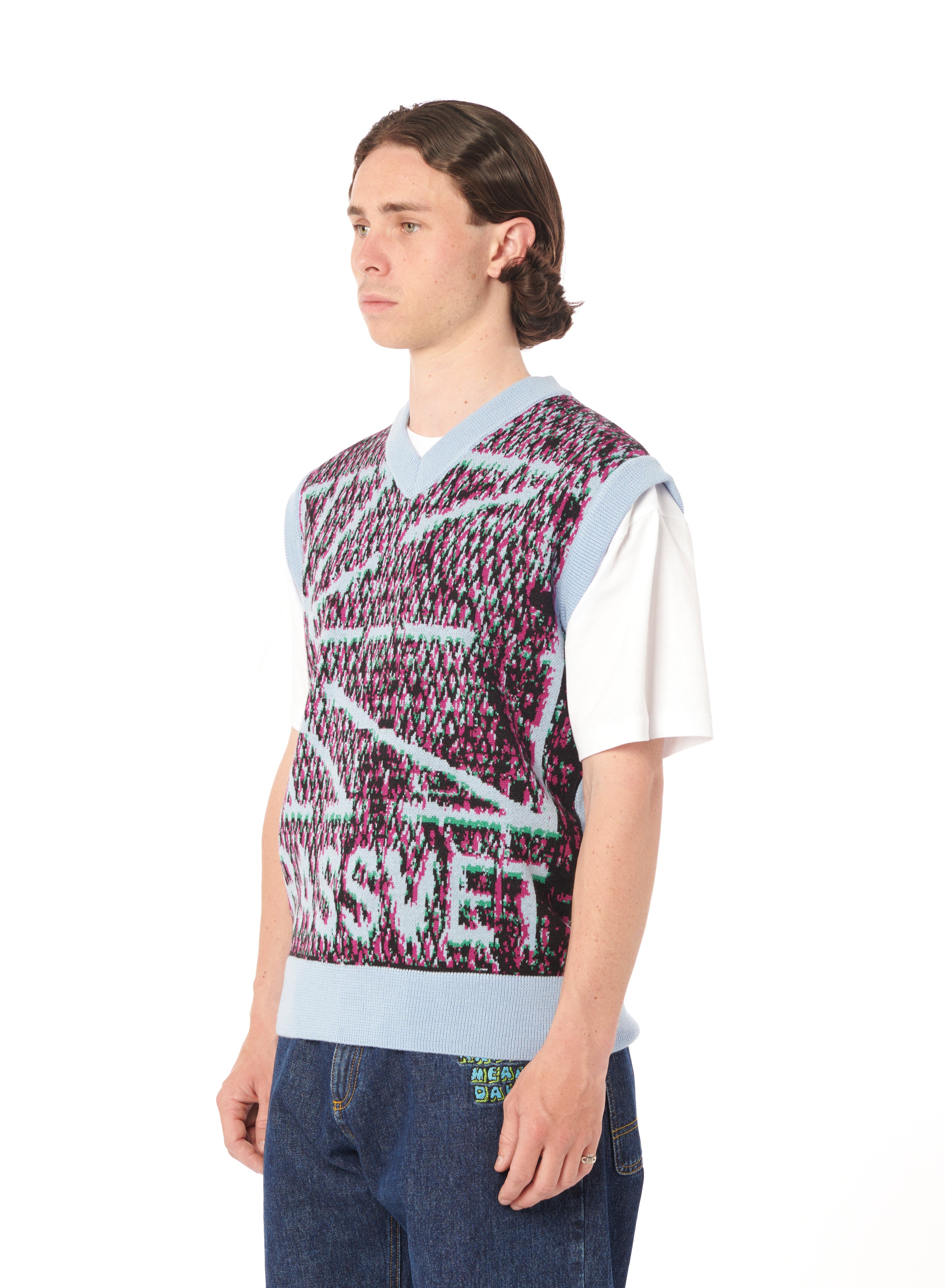 Mesh Camo Sleeveless Jumper Knit Blue Wool Acrylic Sweater
