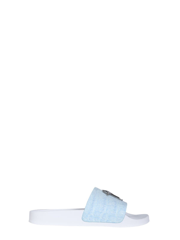 Slide Sandals With Logo Baby Blue Leather