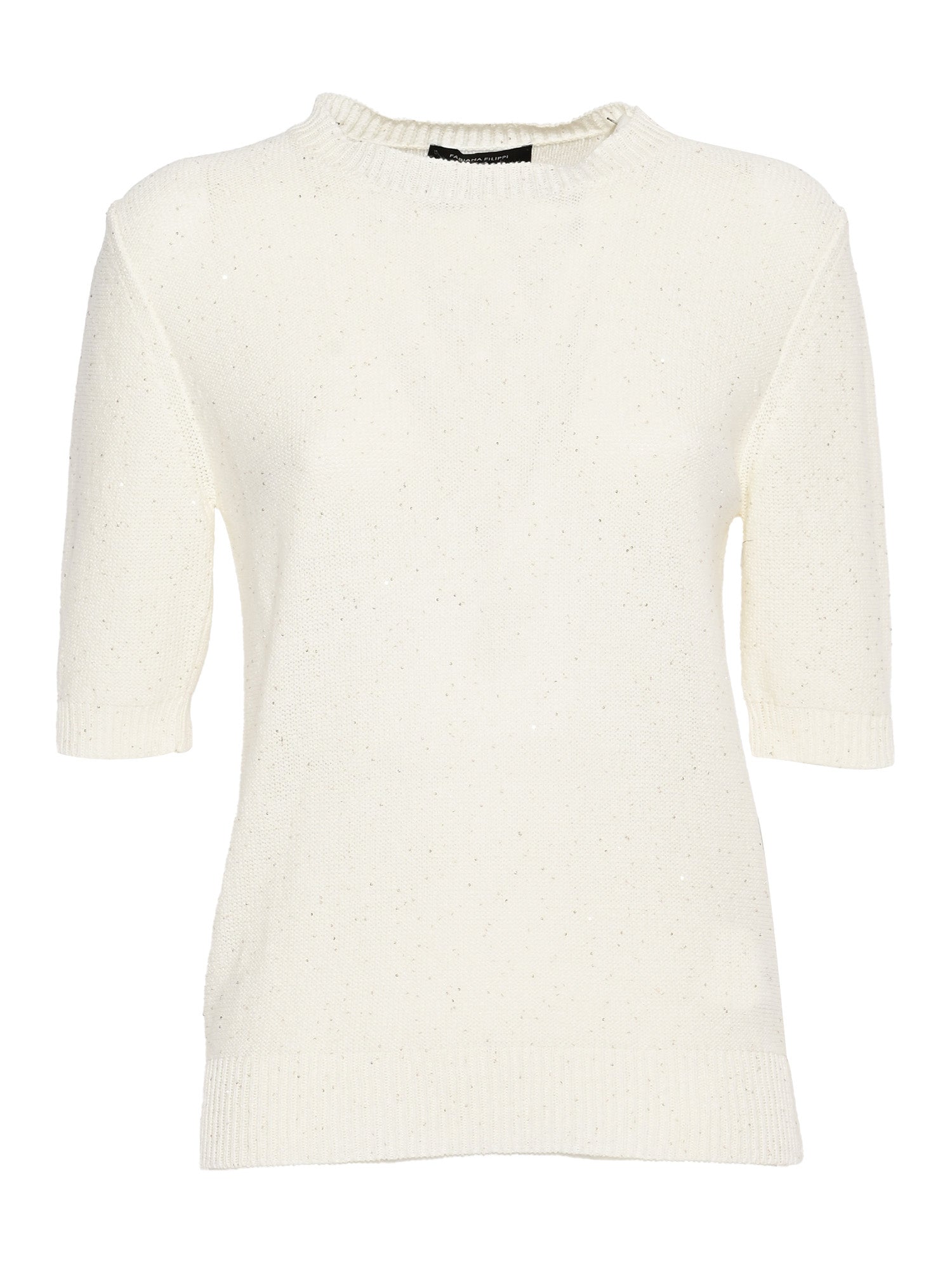 SEQUIN SHORT SLEEVE CREW NECK SWEATER White Cotton Linen Polyester Crewneck