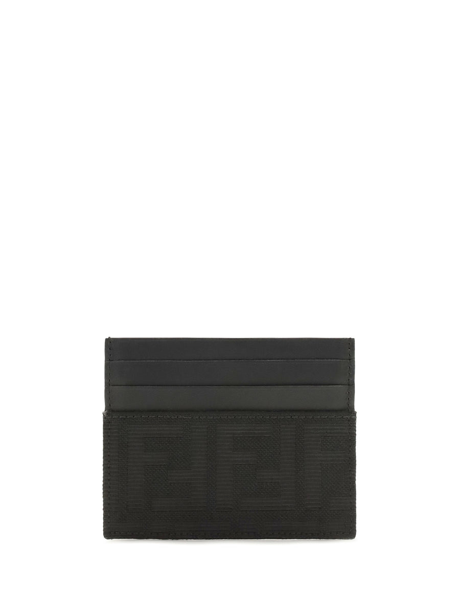 Ff Jacquard And Leather Card Holder Nero Polyester; Cotton Wallet