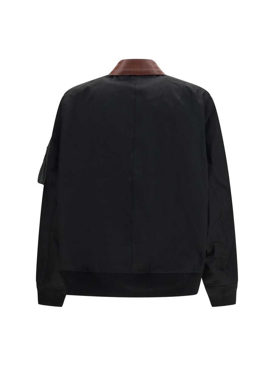 Bomber Jacket With Leather Details, Black Cotton