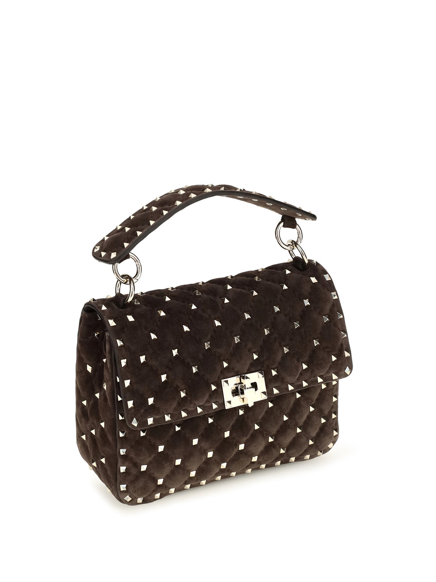 Top Handle Bag Rockstud Spike Suede Ebony Brown Calf Leather Shoulder