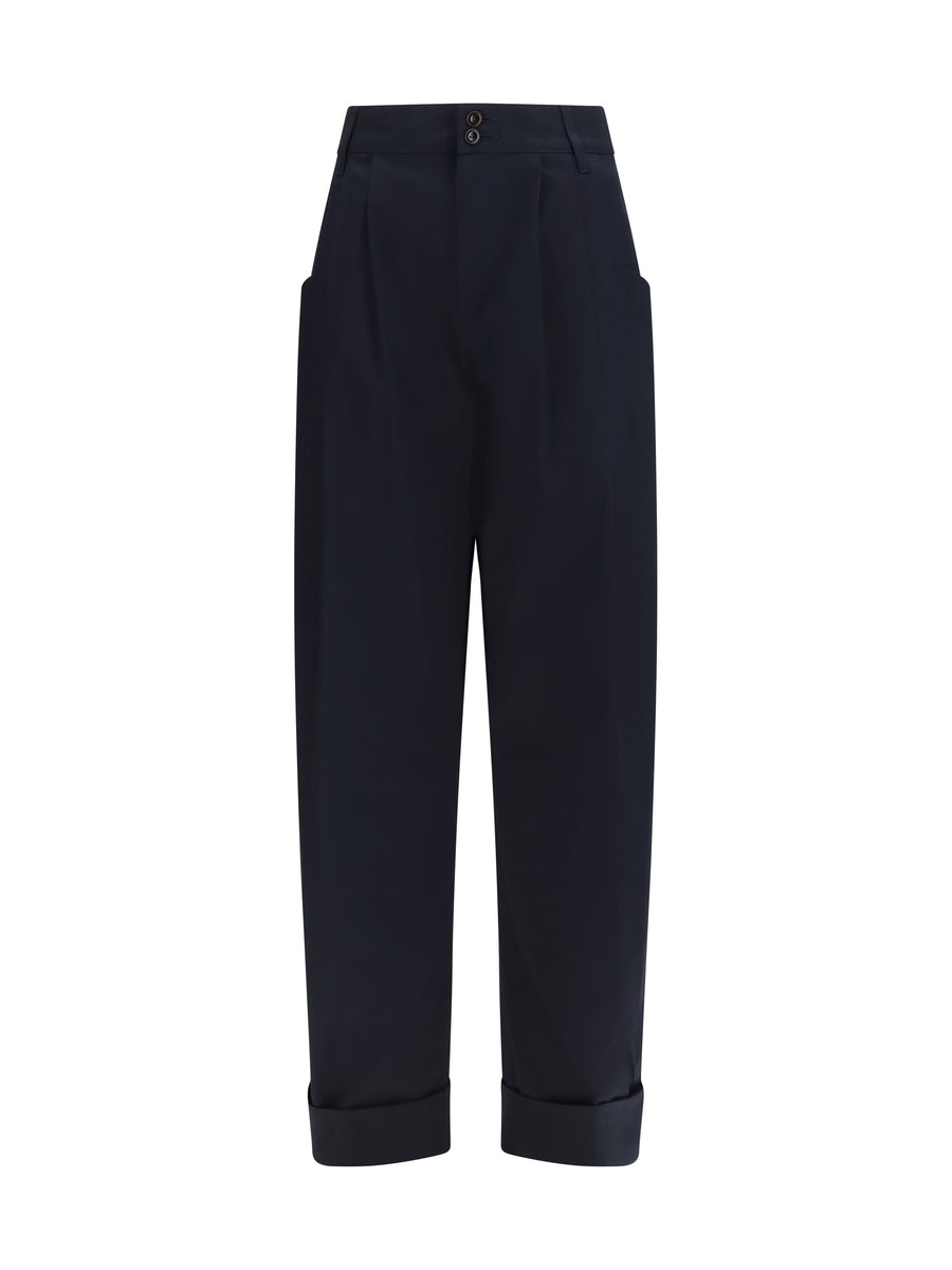 Wide Trousers Lindsay Barrel Navy Blue Gabardine Cotton