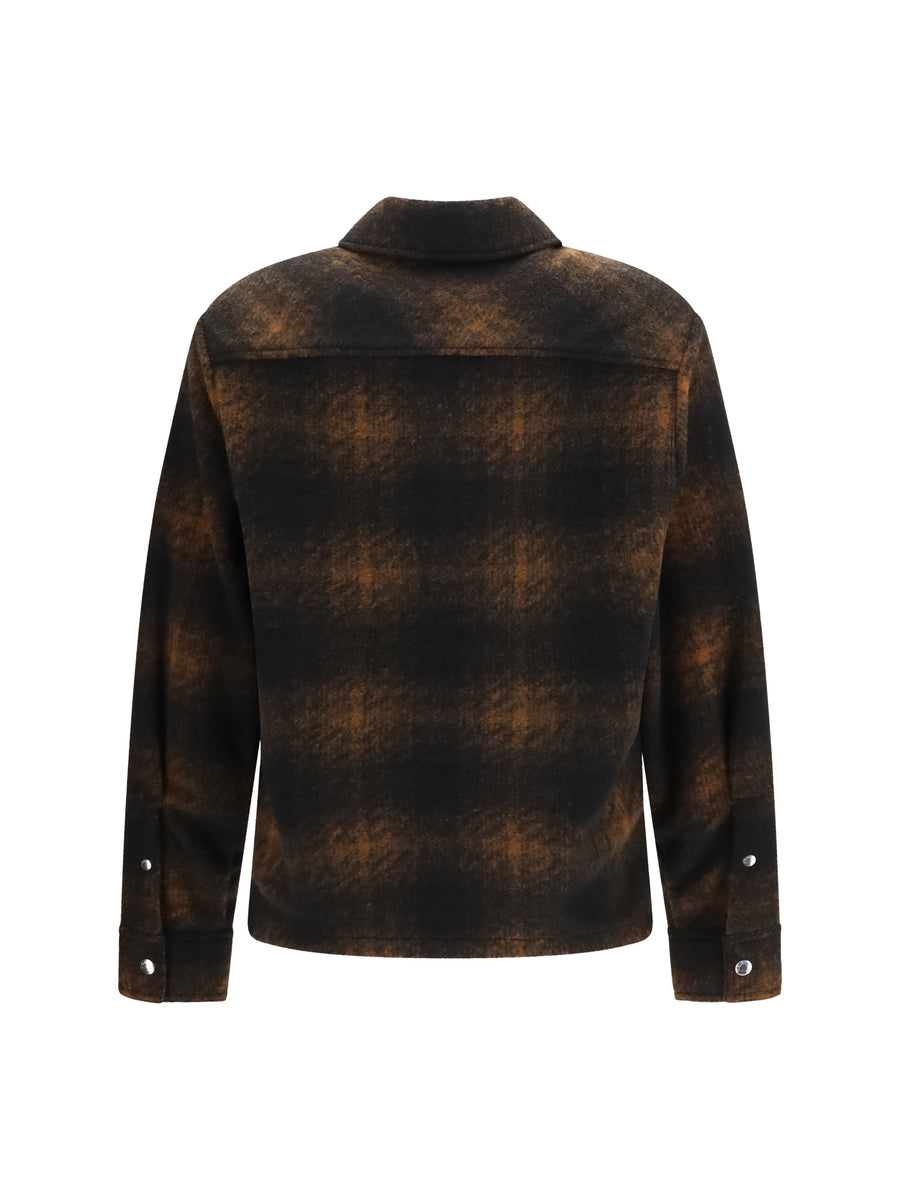 Flannel Embroidered Zip-Up Shirt Brown Polyester