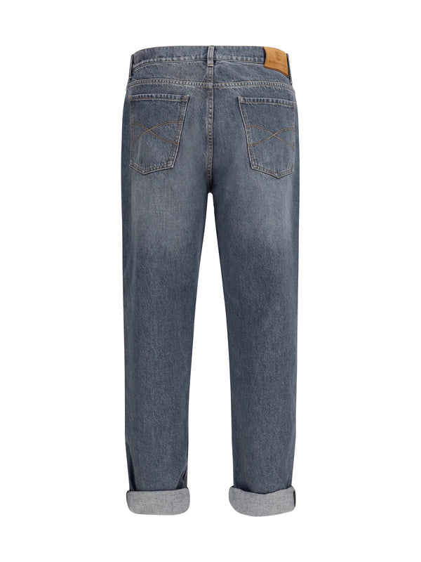Jeans Straight-Leg Turn-Up Medium Grey Cotton