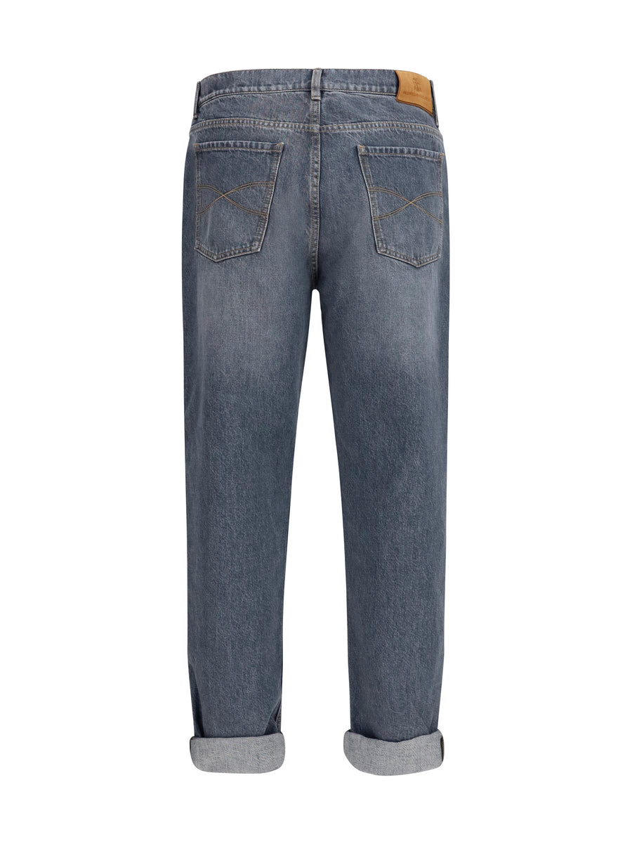 Jeans Straight-Leg Turn-Up Medium Grey Cotton