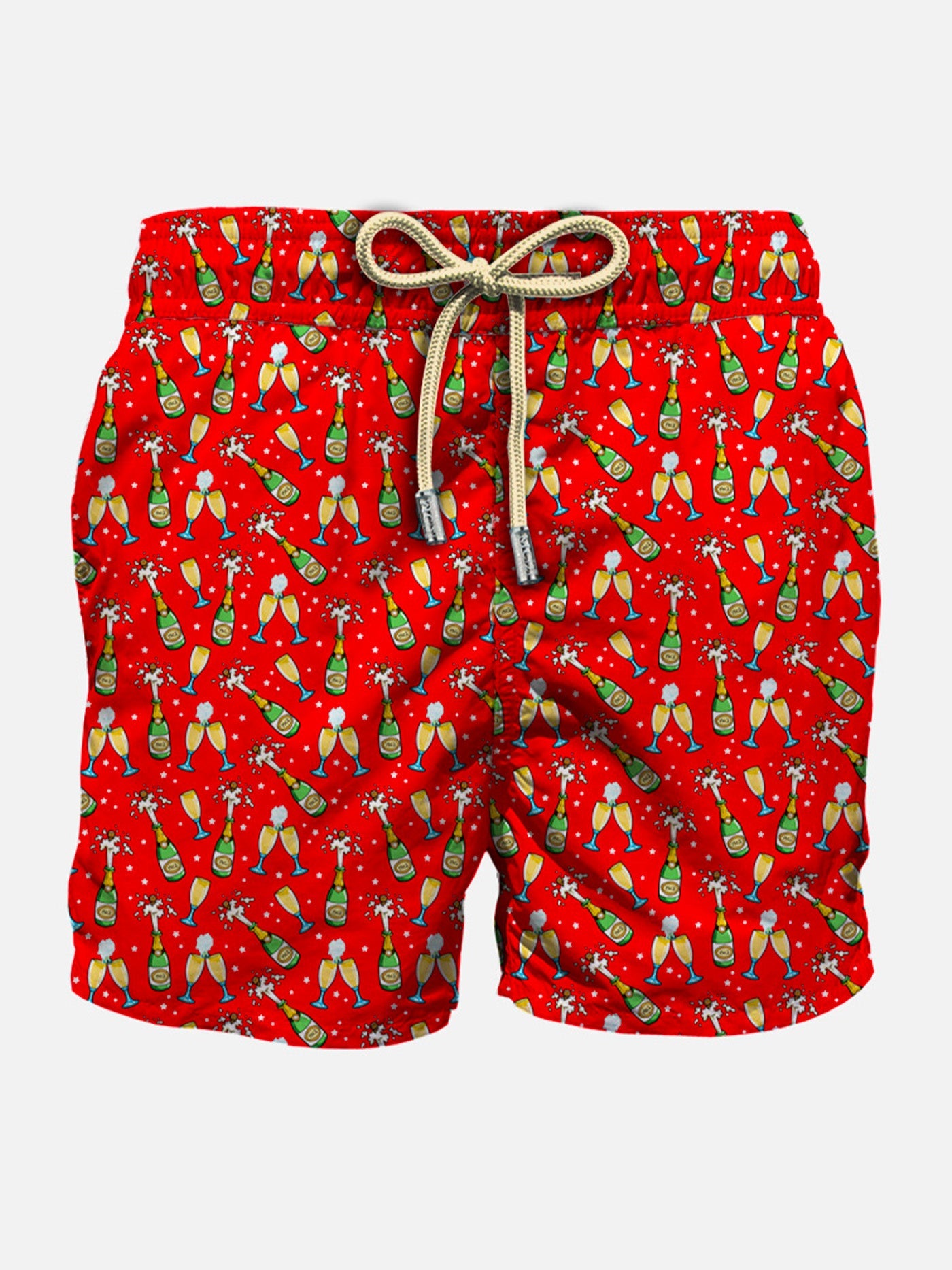 Man Light Fabric Swim Shorts With Bottles And Glasses Print Red Swimshort