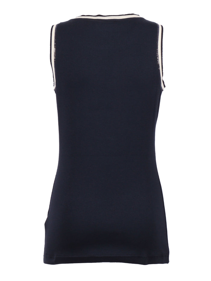 Ribbed Tank Top With Contrast Knit Trim Blue Cotton Elastane T-shirt