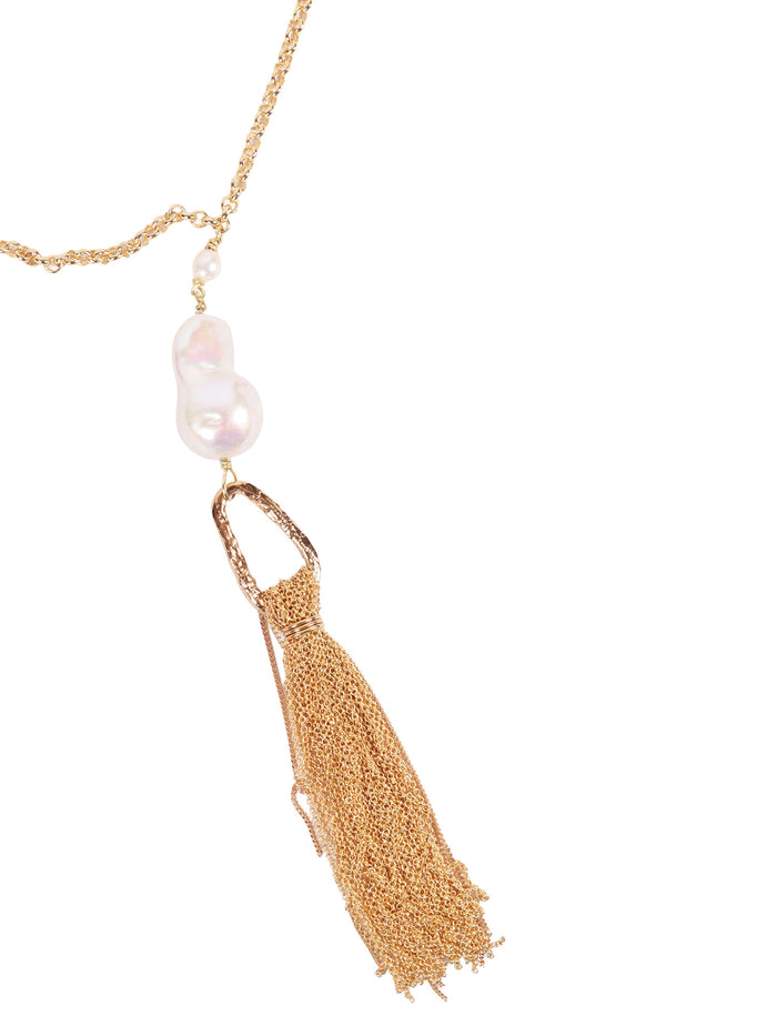 Sculptural Necklace With Fringes And Pearl Gold Bronze Details River