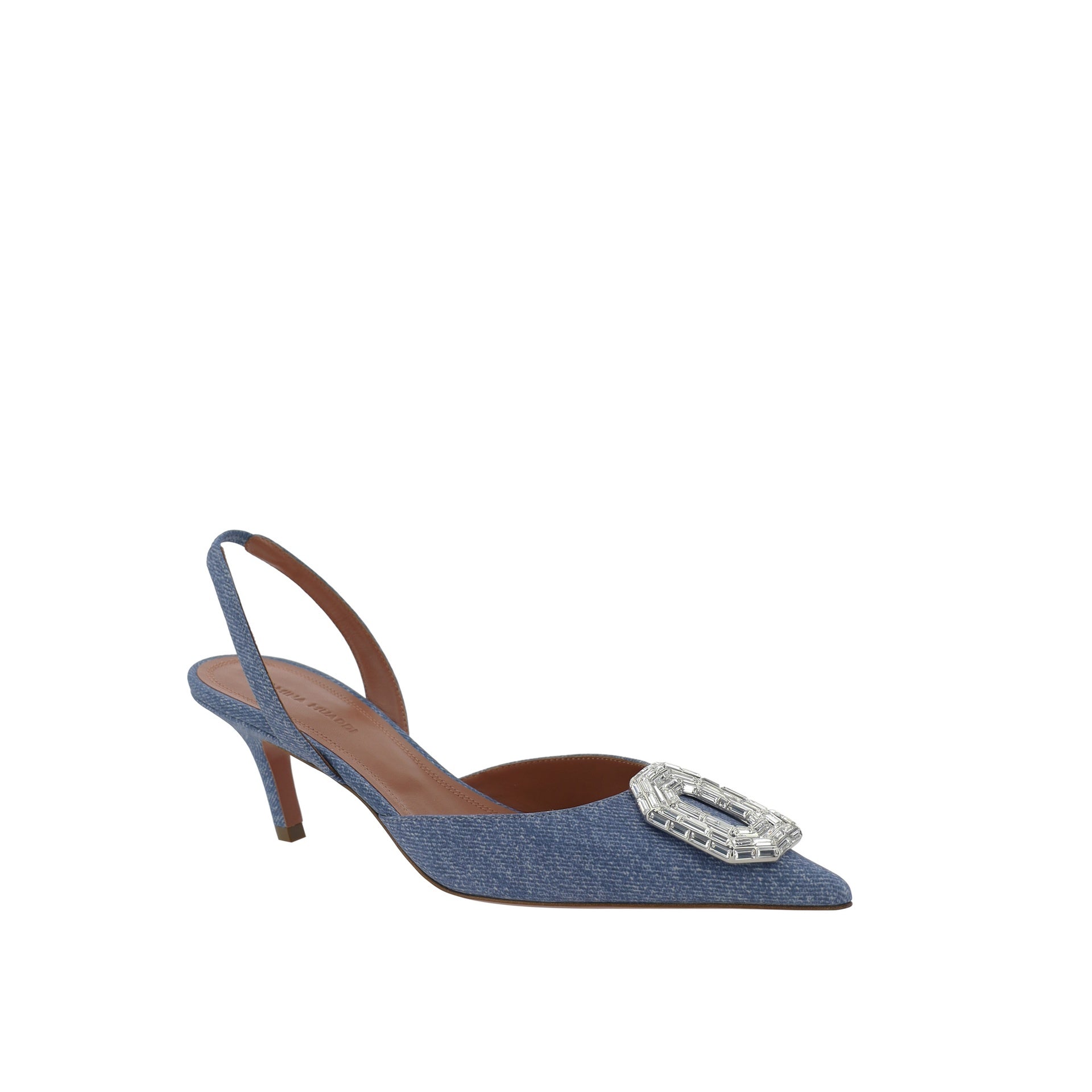 Amina Muaddi Camelia Sling 60 Printed Denim Pumps Blue Nabuk