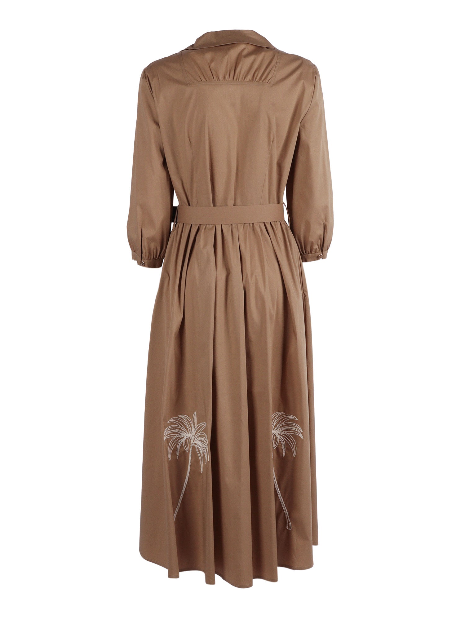 Embroidered Belted Dress Camel Cotton Polyamide Elastane Midi