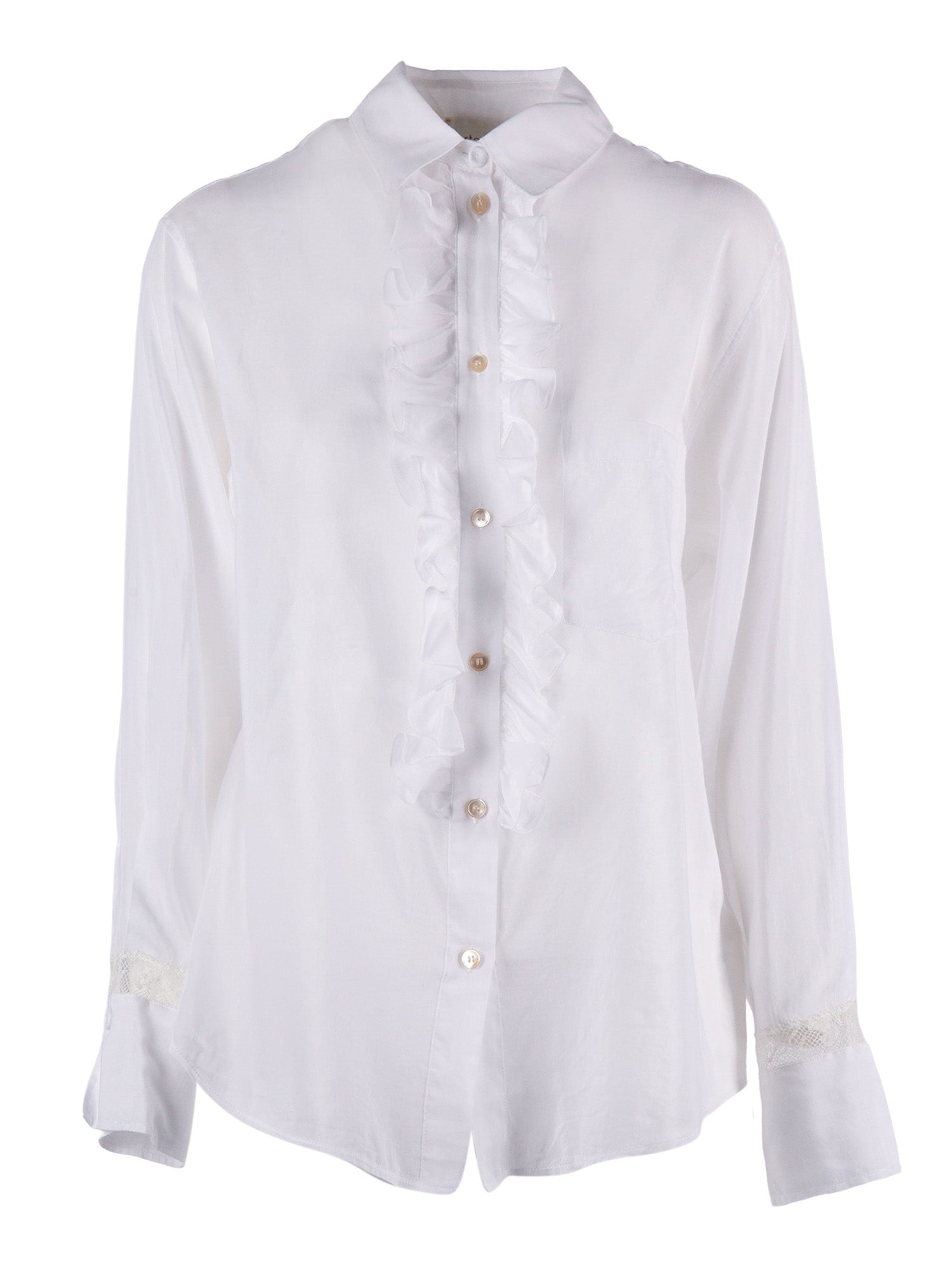 Ruffled Shirt Cotton-Silk Voile And Lace Light Blue
