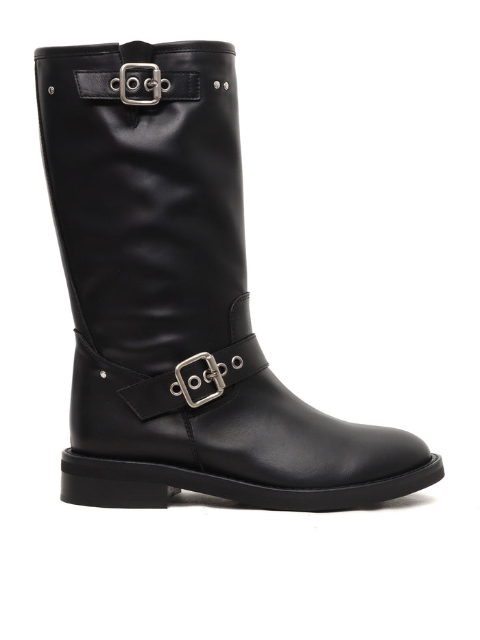 Black biker with buckles Leather Sole Rubber Boot