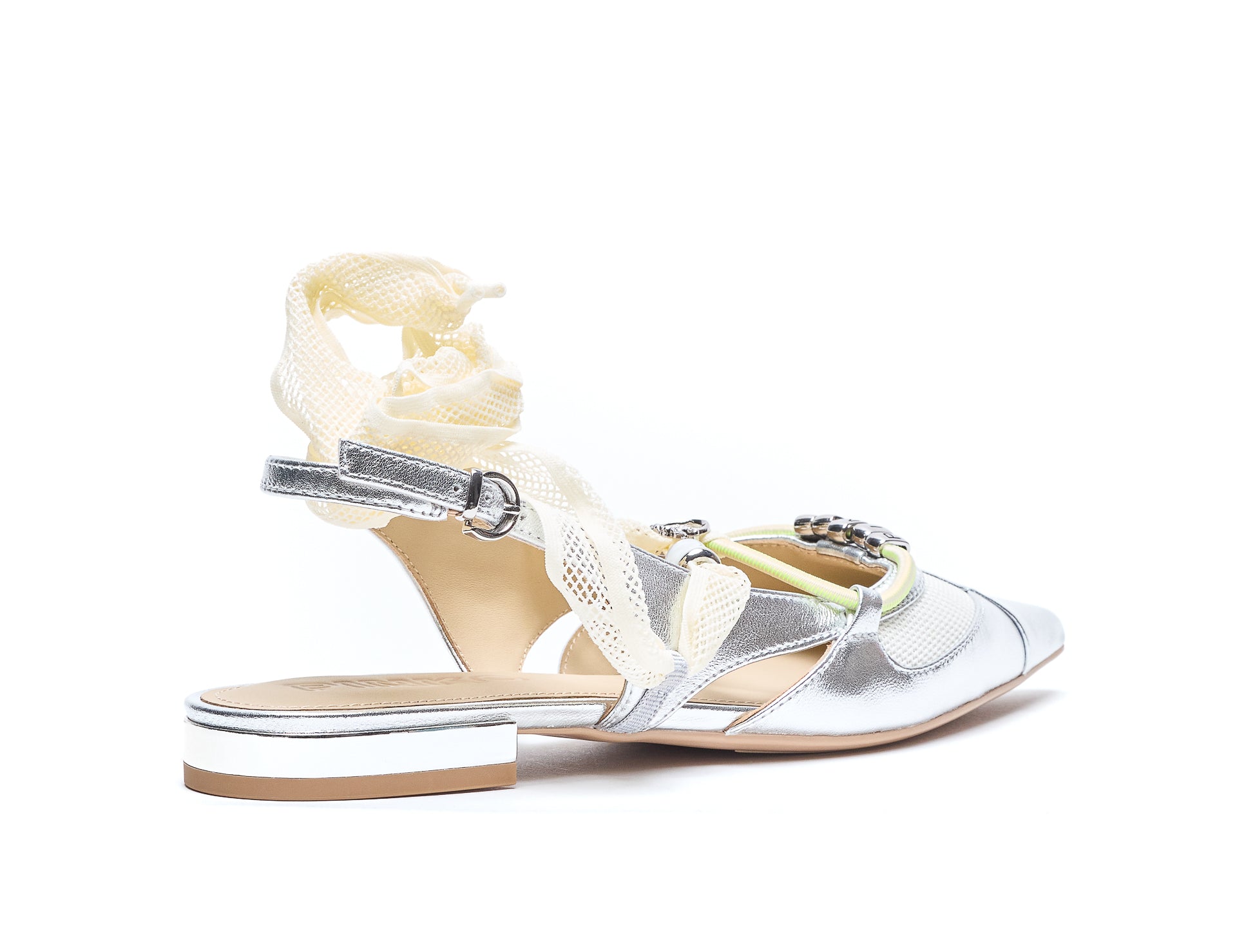 Pinko With Heel Silver Leather And Fabric Upper