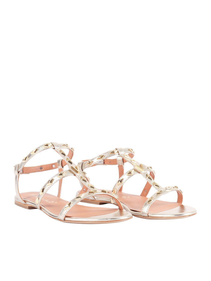 Sandals With Rhombus-Shaped Studs Gold Leather Sole Rubber
