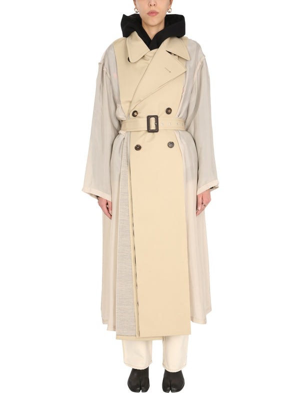 Two-Material Trench Coat Beige Cotton & Raincoats