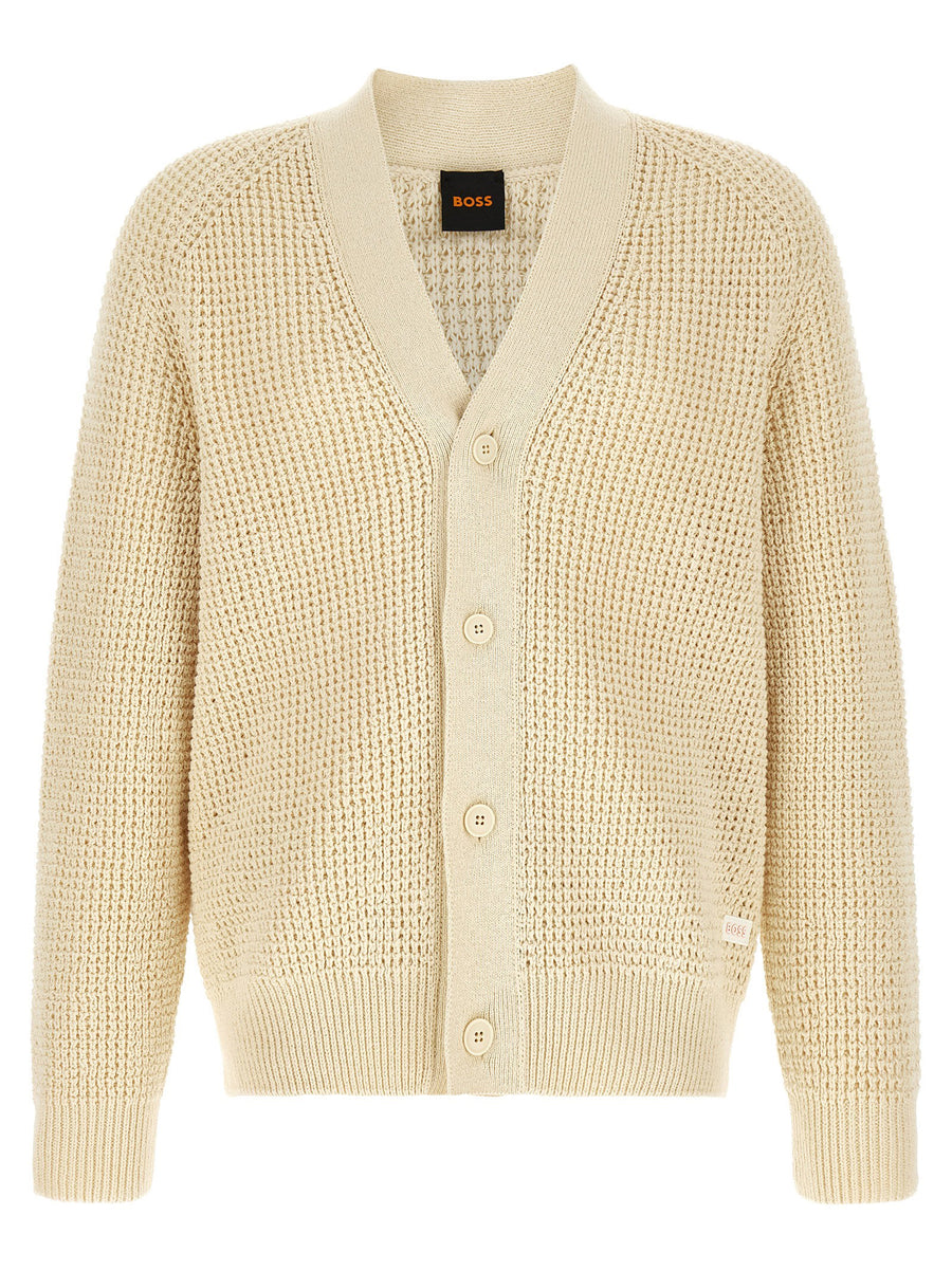 Hugo Boss Honeycomb Cotton Blend Cardigan — cream