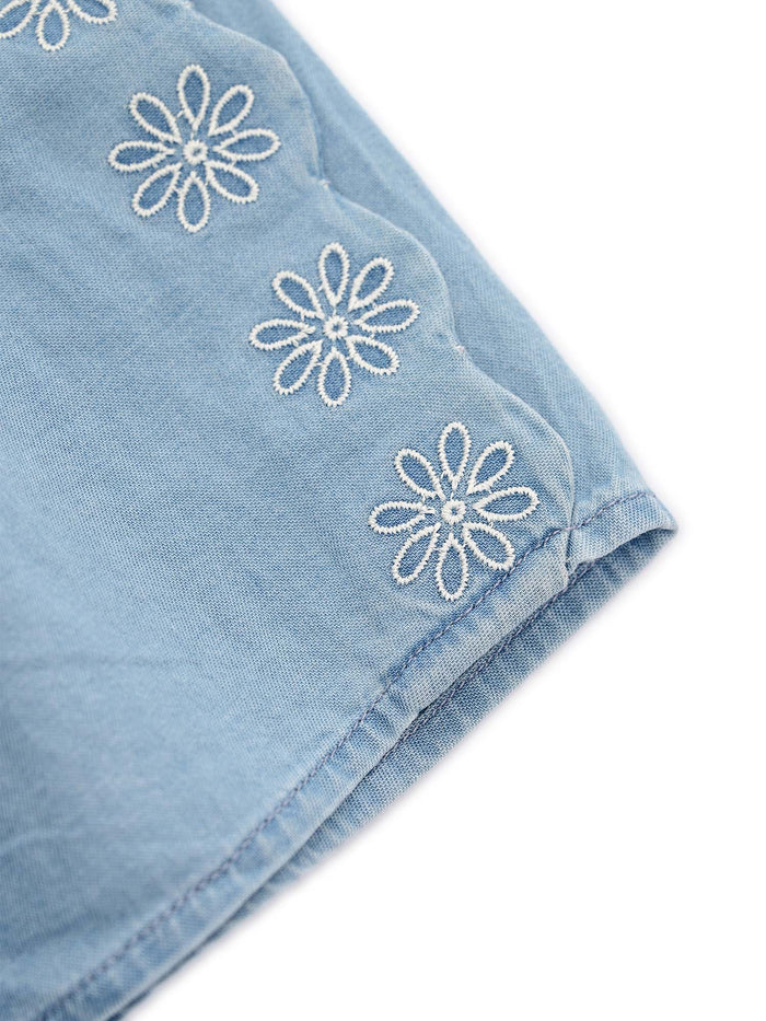 Shorts 100% organic cotton light denim. Fancy scallop pattern finish at leg bottoms. Elasticated waist back. Gold color Chlo� branded buttons. Tone on Chloe embroidery Blue