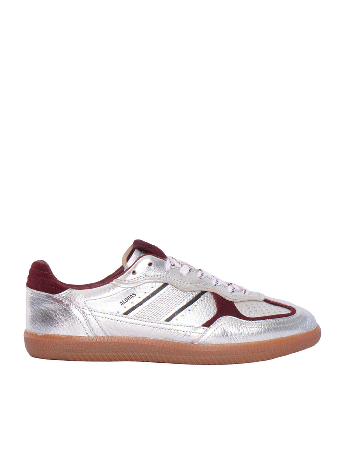Tb.490 Grain Shimmer Silver & Burgundy Leather Sneakers Altezza Tacco 2 Cm