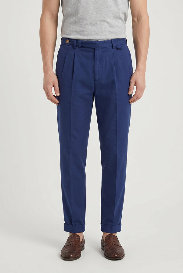 Brunello Cucinelli Mens Blue Pleated Cotton Trousers Dark